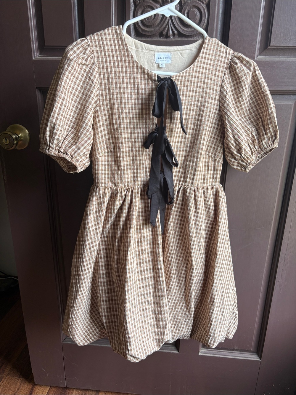 Le Lis Brown Gingham Puff-Sleeve Dress with Black Ribbon Ties